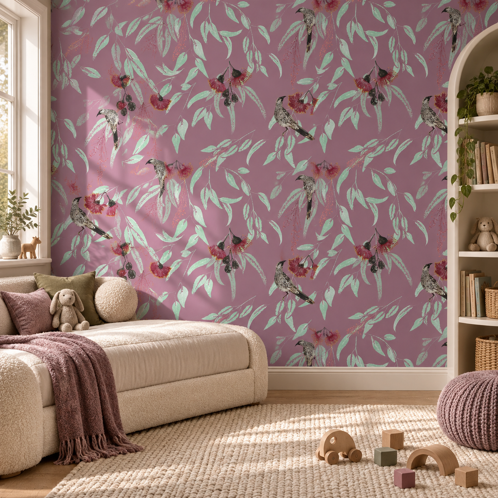 Silver Princess & Wattlebird in Pink by Trudy Rice, peel and stick wallpaper styled on a feature wall