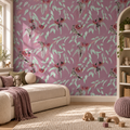 Silver Princess & Wattlebird in Pink by Trudy Rice, peel and stick wallpaper styled on a feature wall