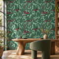 Silver Princess & Wattlebird in Sage by Trudy Rice, peel and stick wallpaper styled on a feature wall