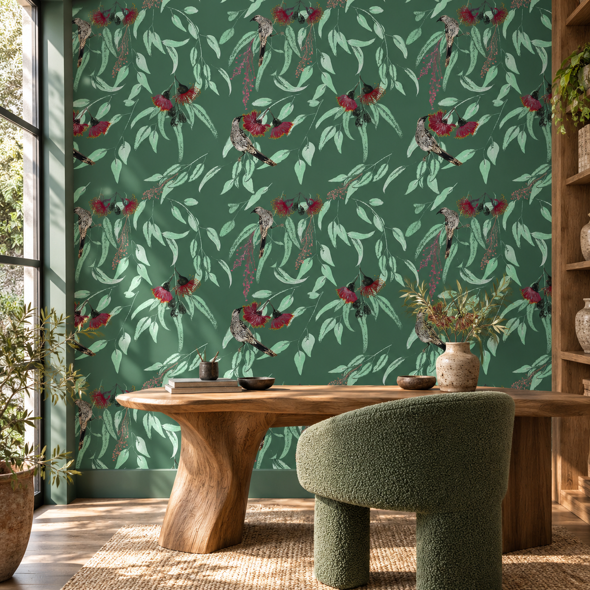 Silver Princess & Wattlebird in Sage by Trudy Rice, peel and stick wallpaper styled on a feature wall