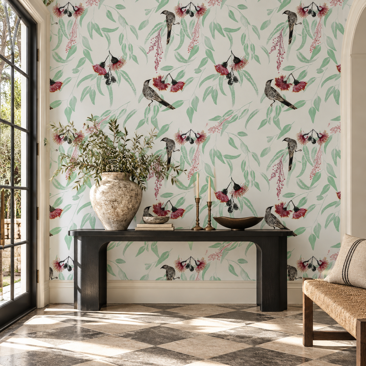 Silver Princess & Wattlebird in White by Trudy Rice, peel and stick wallpaper styled on a feature wall
