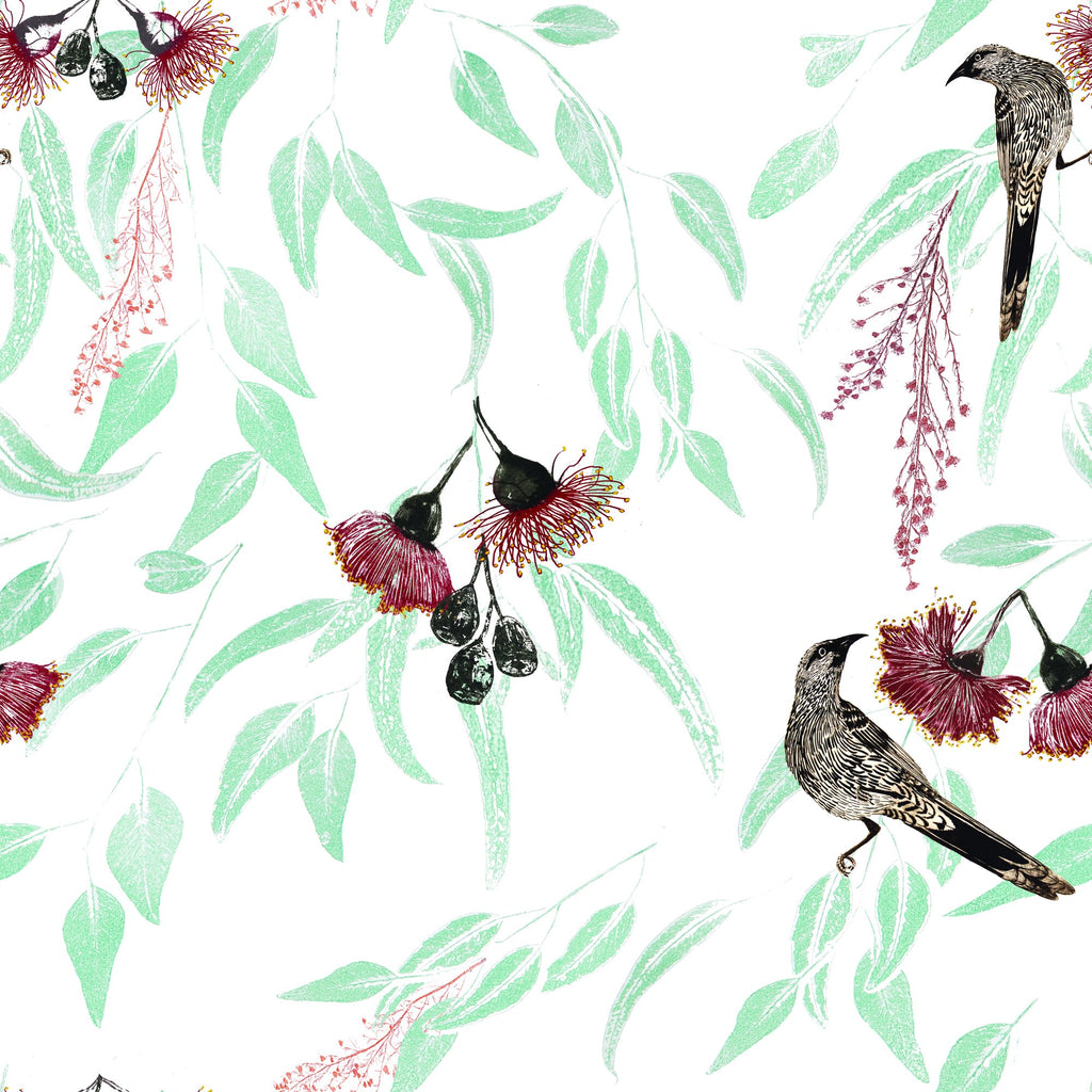 Silver Princess & Wattlebird in White by Trudy Rice, peel and stick wallpaper