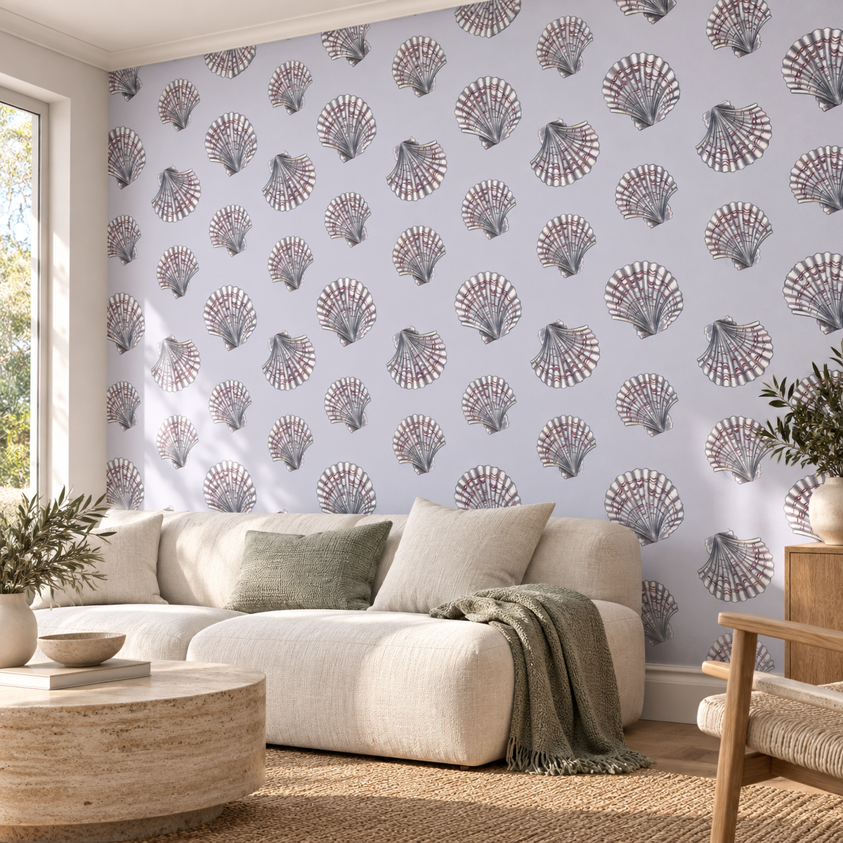 Silver Shells, peel and stick wallpaper styled on a feature wall