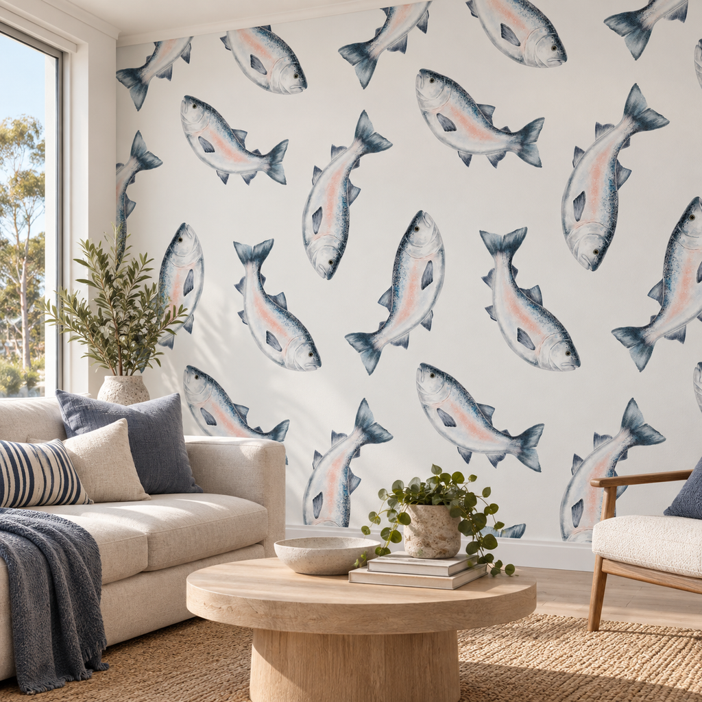 Silver Shoal, peel and stick wallpaper styled on a feature wall