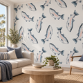 Silver Shoal, peel and stick wallpaper styled on a feature wall
