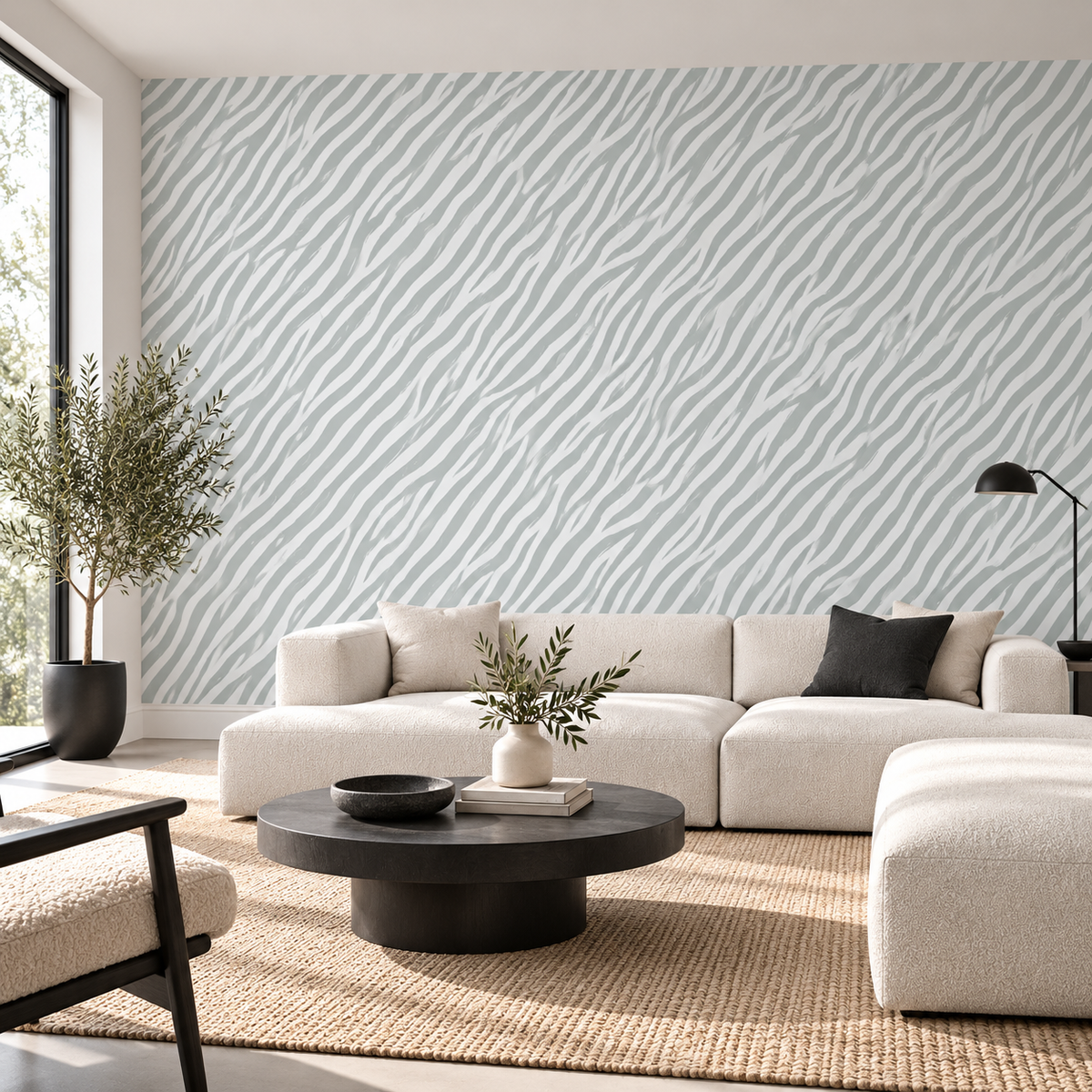 Silver Strata, peel and stick wallpaper styled on a feature wall