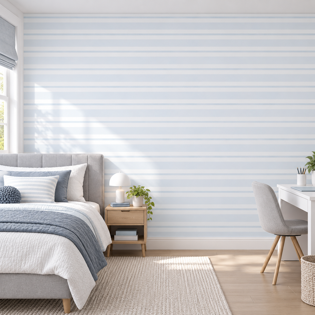 Silver Stripes peel and stick wallpaper styled on a feature wall