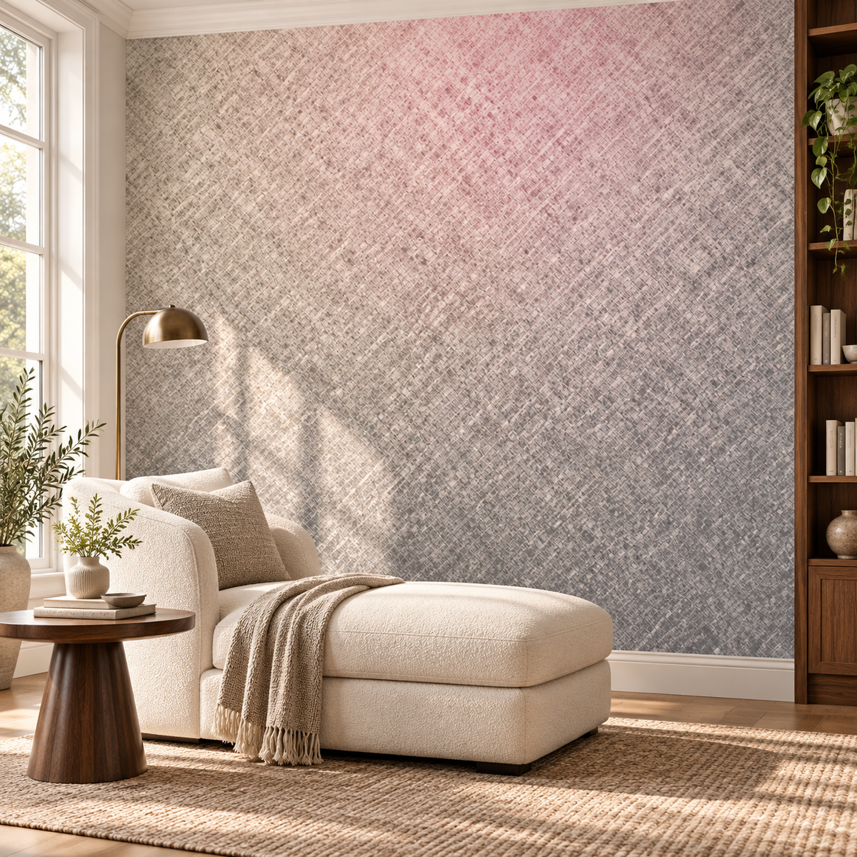 Silver Weave, peel and stick wallpaper styled on a feature wall