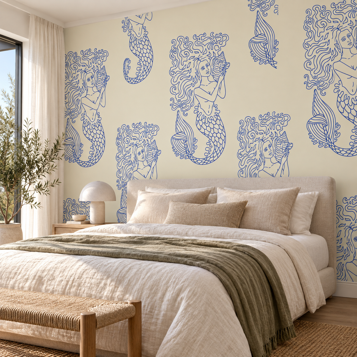 Siren Sketch, peel and stick wallpaper styled on a feature wall