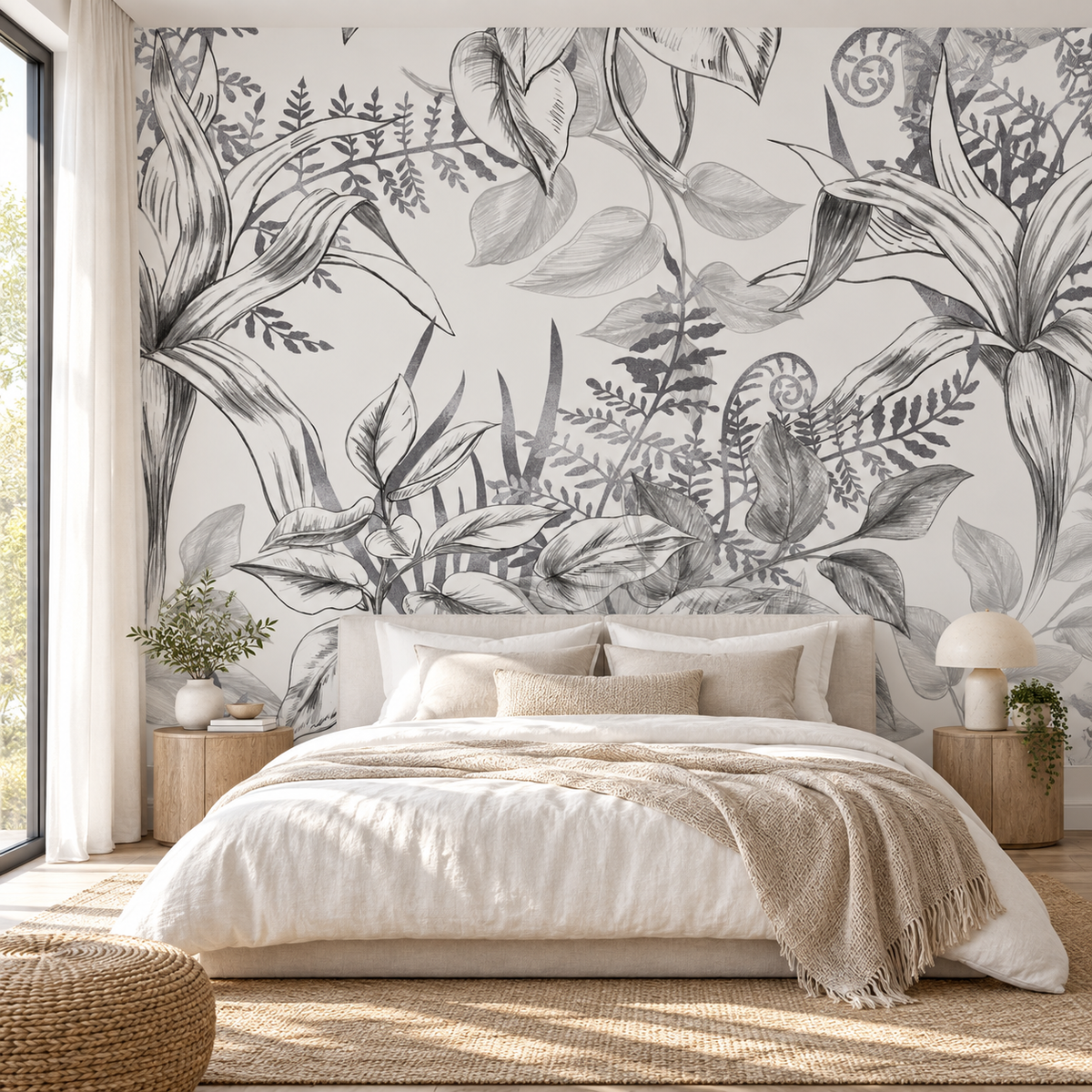 Sketch Jungle, peel and stick wallpaper styled on a feature wall