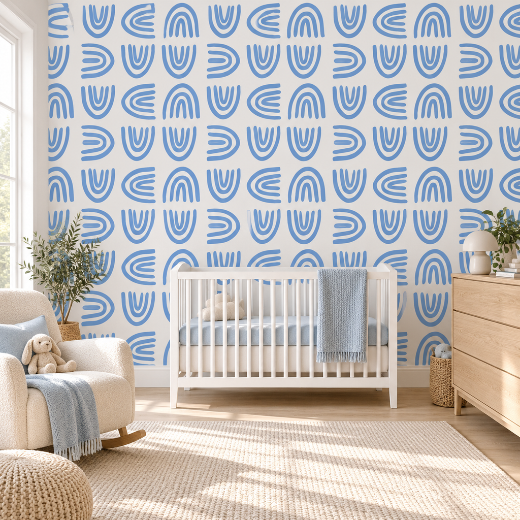 Sky Arches peel and stick wallpaper styled on a feature wall