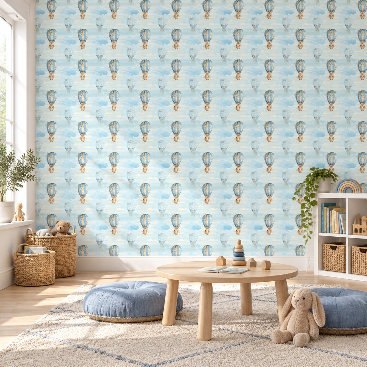 Sky Balloons peel and stick wallpaper styled on a feature wall
