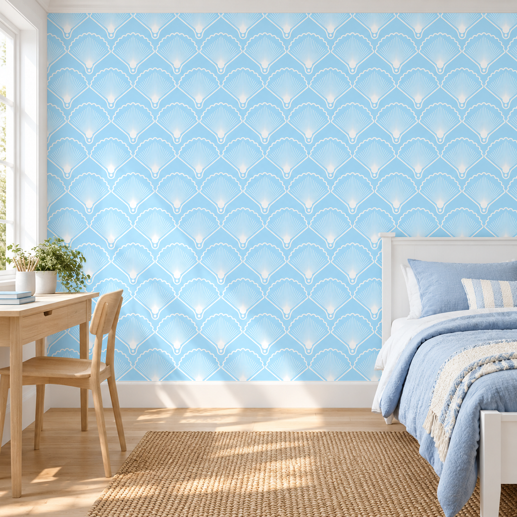 Sky Fans peel and stick wallpaper styled on a feature wall