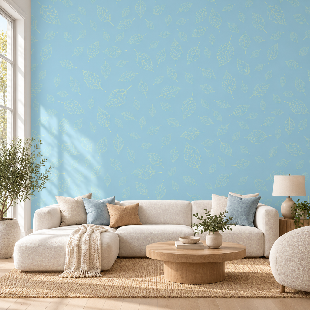 Sky Leaves, peel and stick wallpaper styled on a feature wall