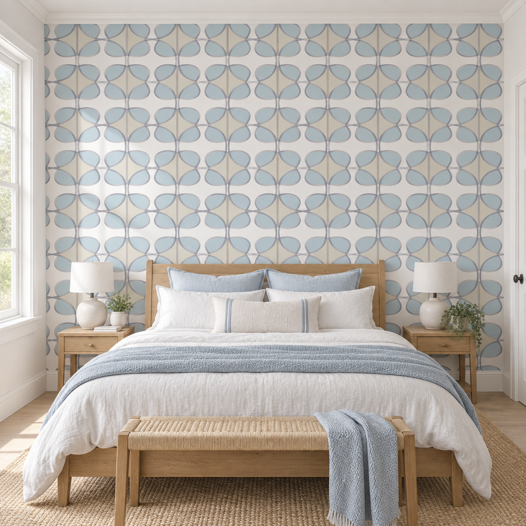 Sky Petals, peel and stick wallpaper styled on a feature wall