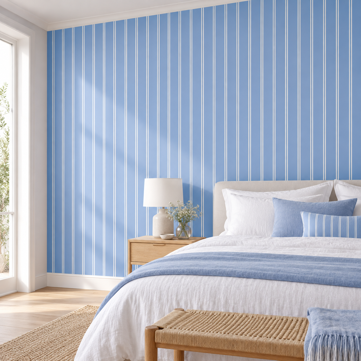 Sky Pinstripe, peel and stick wallpaper styled on a feature wall