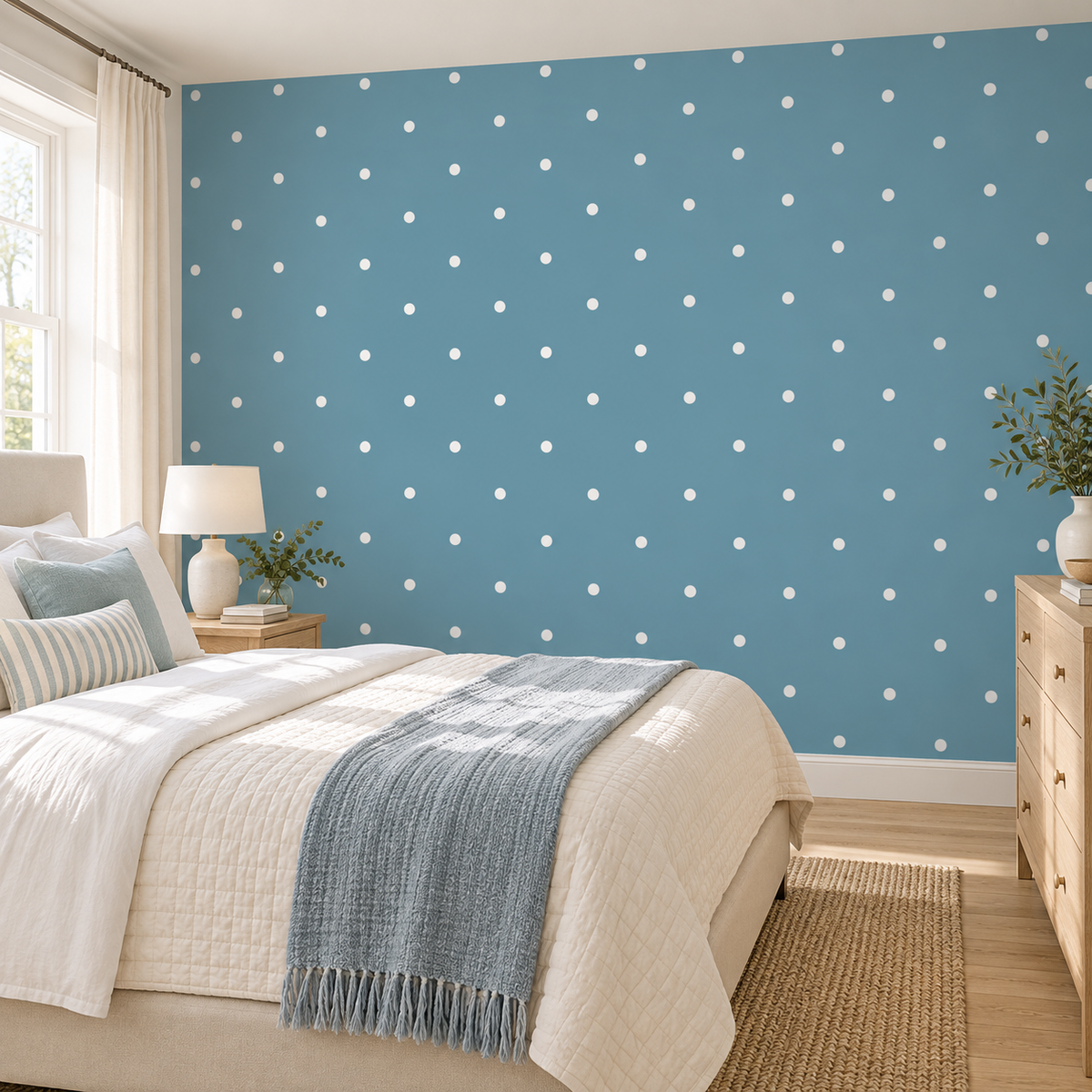 Sky Polka, peel and stick wallpaper styled on a feature wall