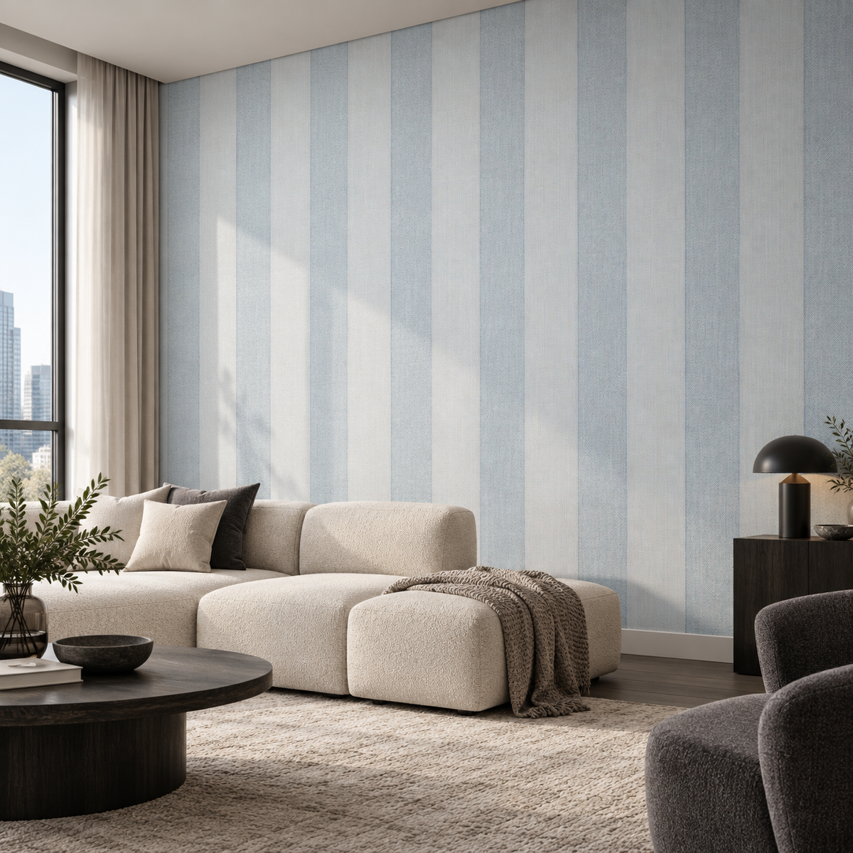 Skyline Stripes, peel and stick wallpaper styled on a feature wall