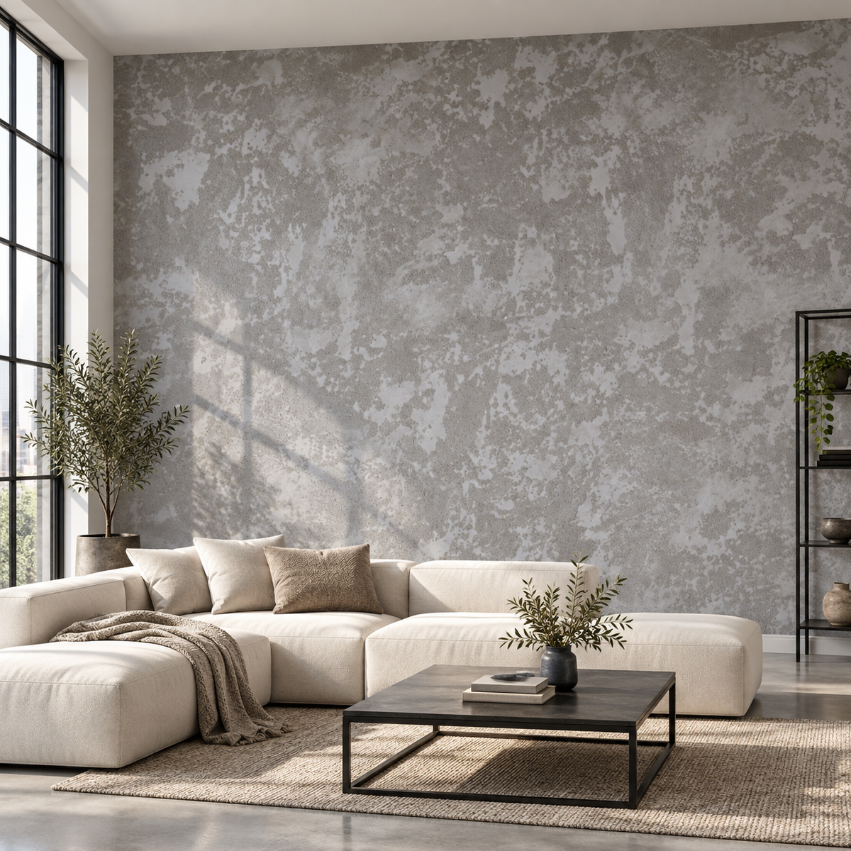 Slate Concrete, peel and stick wallpaper styled on a feature wall