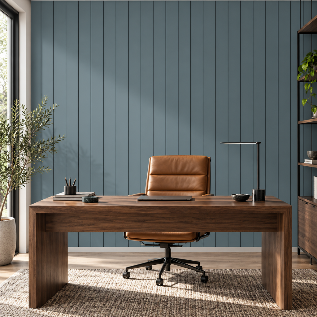 Slate Panels peel and stick wallpaper styled in a home office