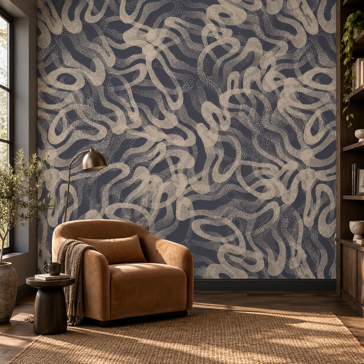 Slate Swirls, peel and stick wallpaper styled on a feature wall