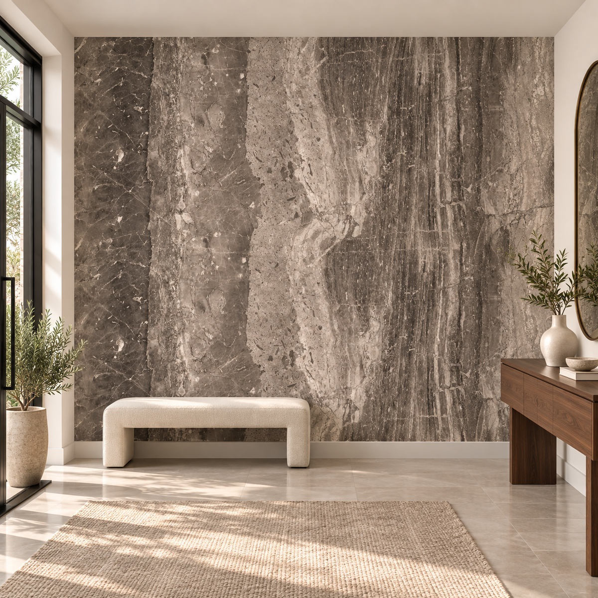 Smoked Marble, peel and stick wallpaper styled on a feature wall