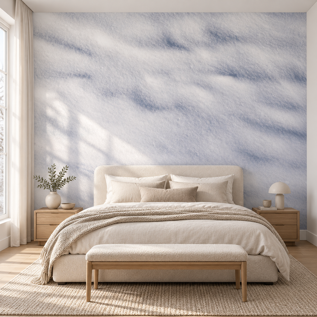 Snow Drift, peel and stick wallpaper styled on a feature wall