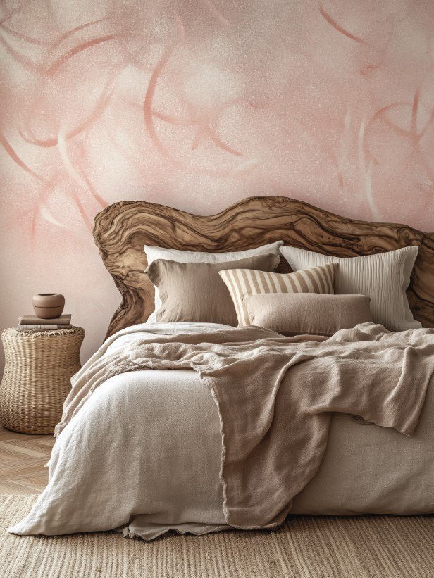 Soft Leaves mural by De-Anne Strange, peel and stick wallpaper styled in a bedroom
