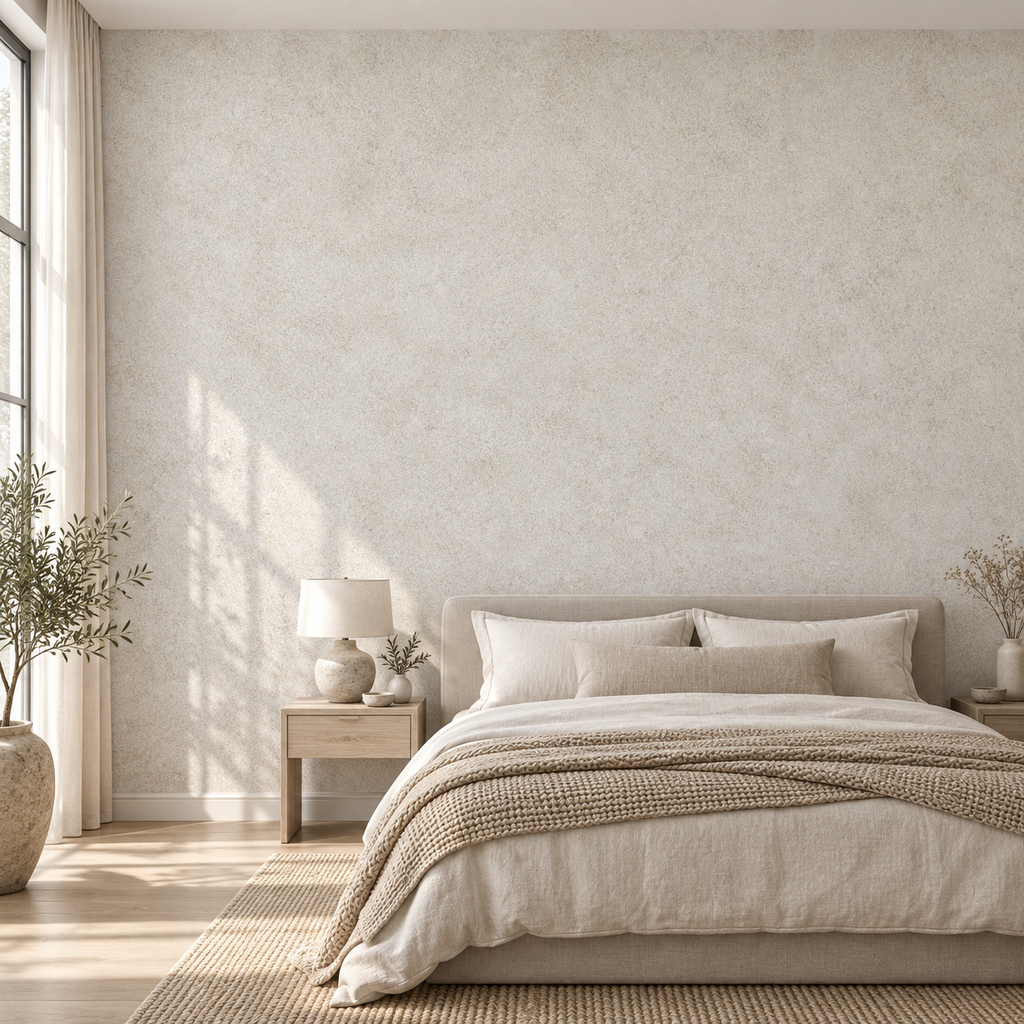 Soft Plaster, peel and stick wallpaper styled on a feature wall