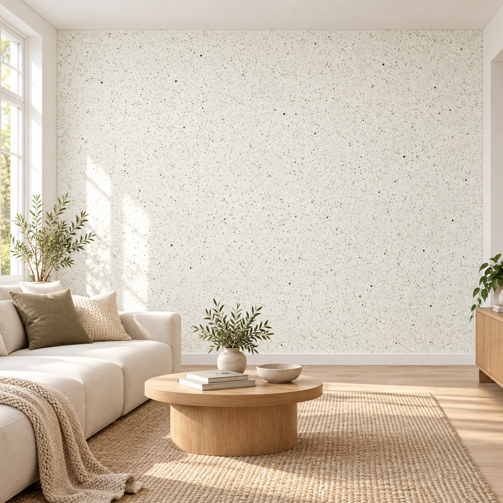 Speckled Linen, peel and stick wallpaper styled on a feature wall