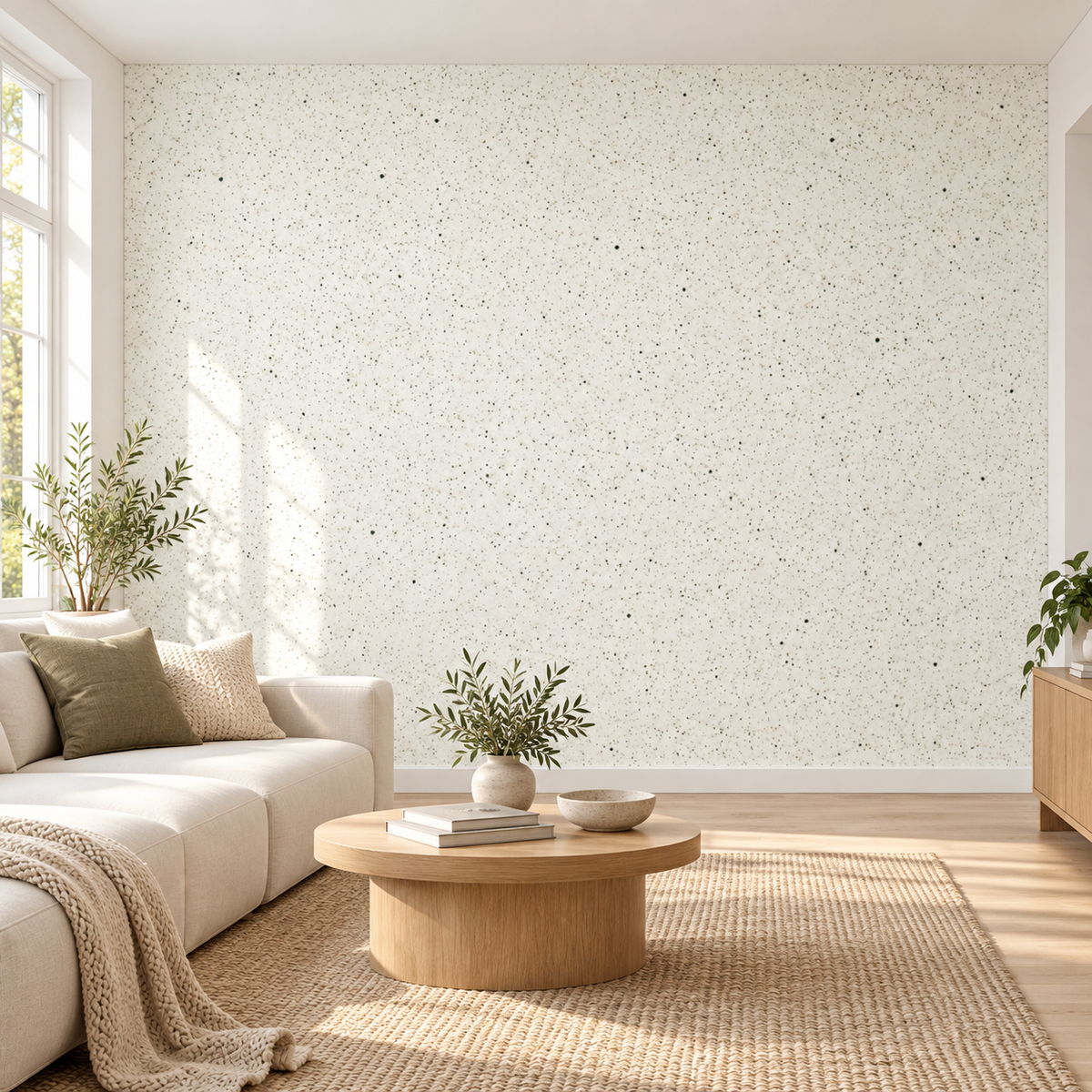 Speckled Linen, peel and stick wallpaper styled on a feature wall