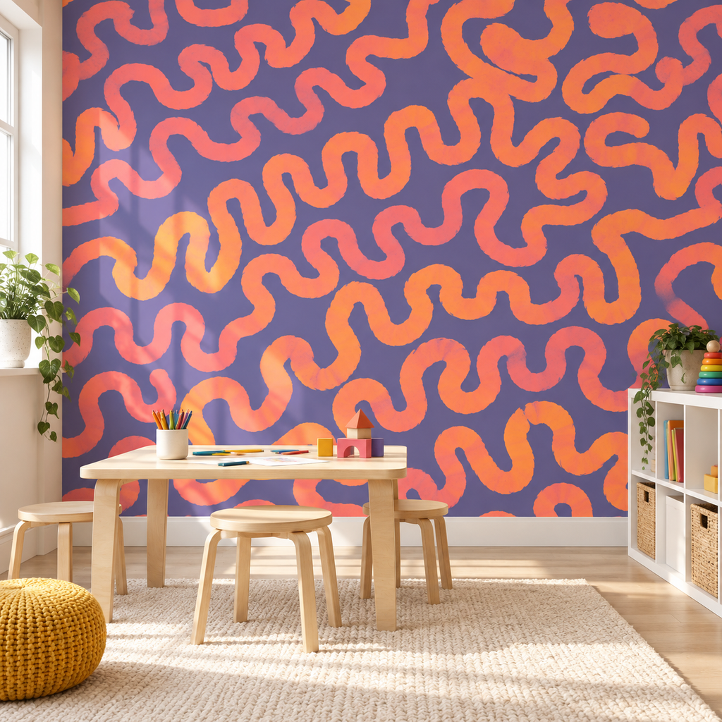Squiggle Pop peel and stick wallpaper styled on a feature wall
