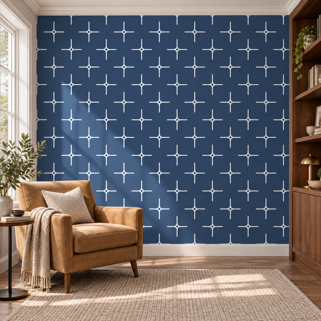 Star Grid, peel and stick wallpaper styled on a feature wall