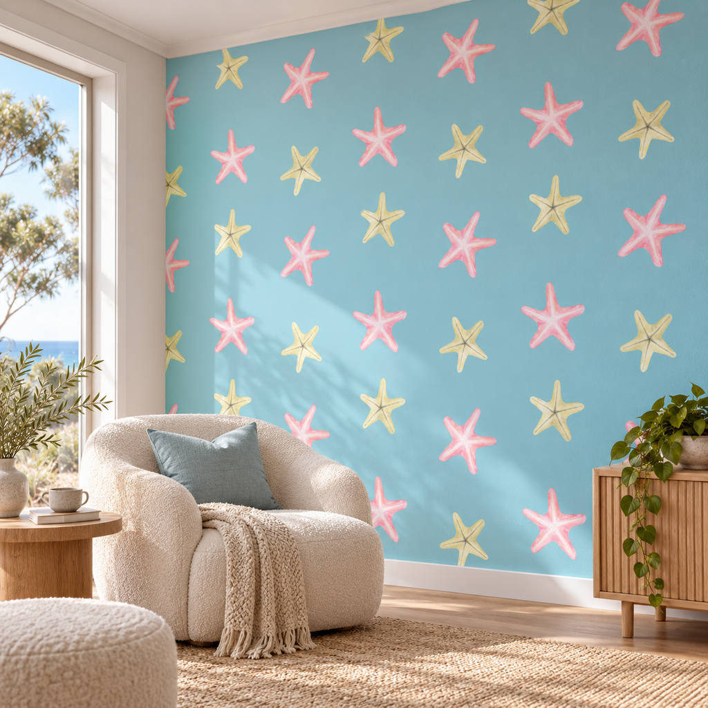 Starfish Drift, peel and stick wallpaper styled on a feature wall