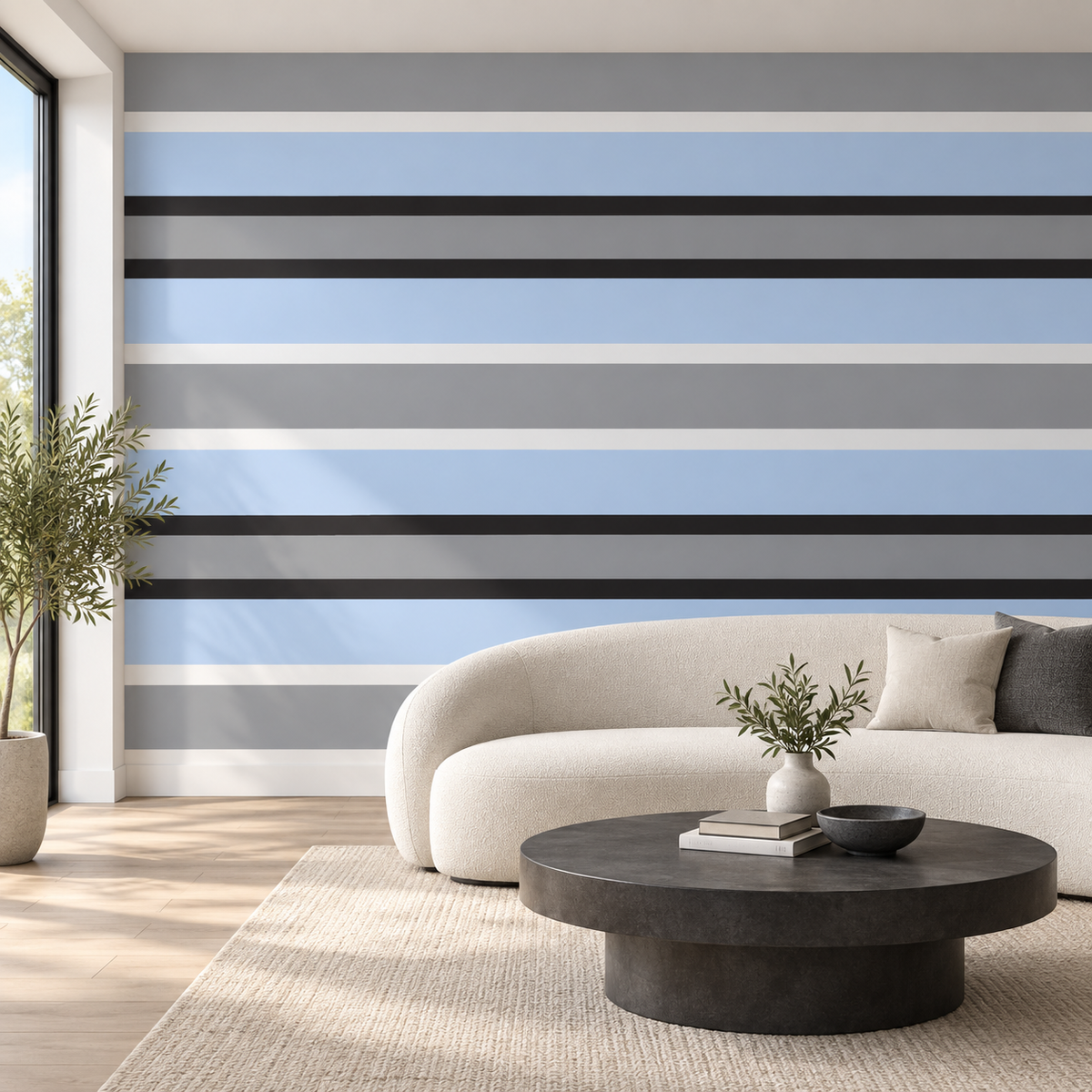 Steel Horizon, peel and stick wallpaper styled on a feature wall