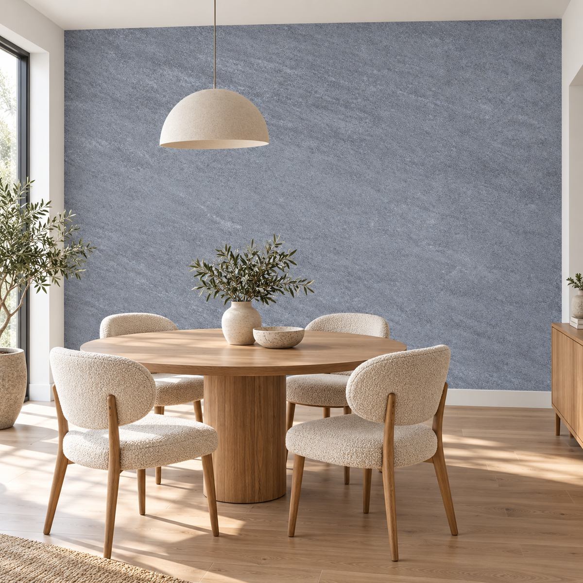 Stone Mist, peel and stick wallpaper styled on a feature wall