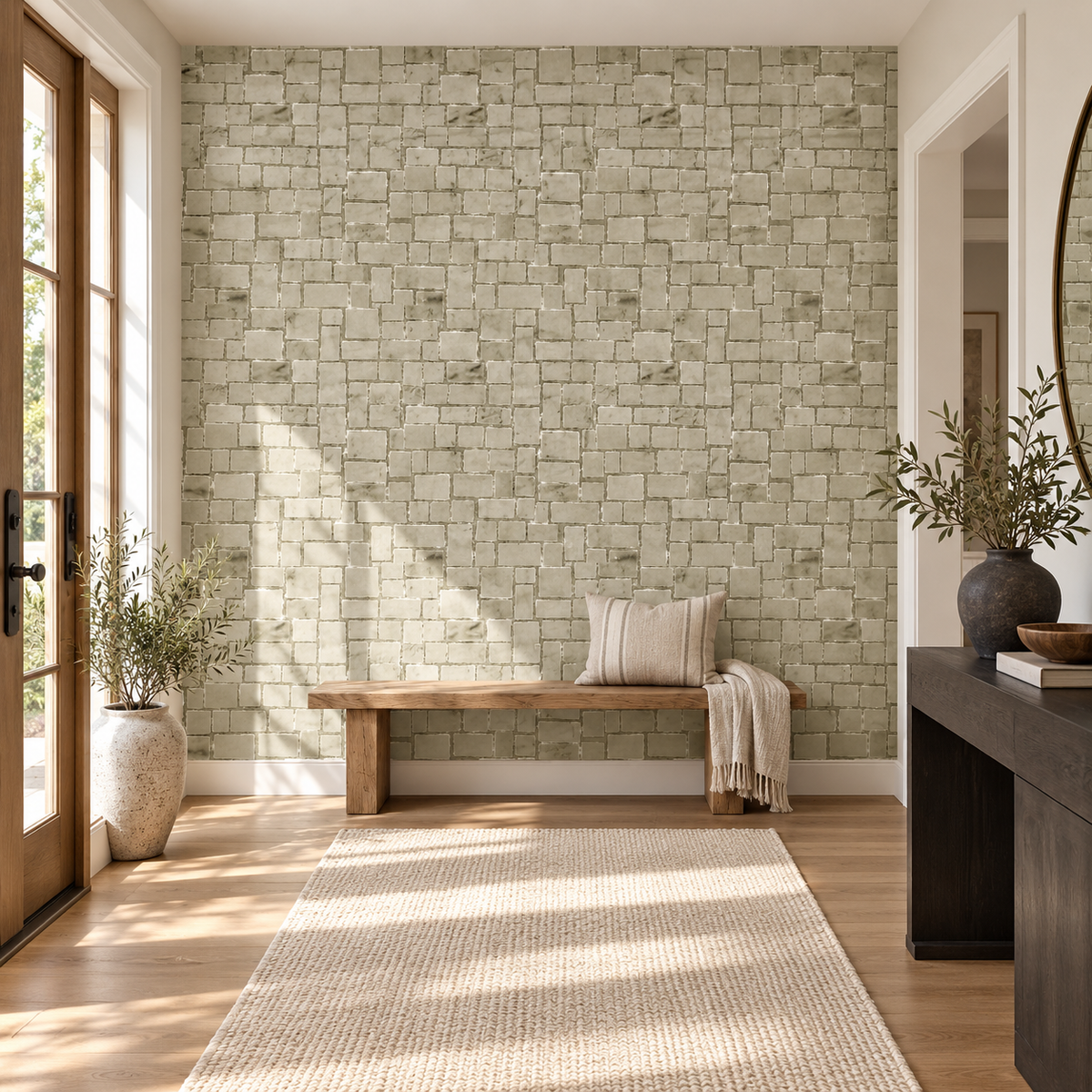 Stone Mosaic, peel and stick wallpaper styled on a feature wall
