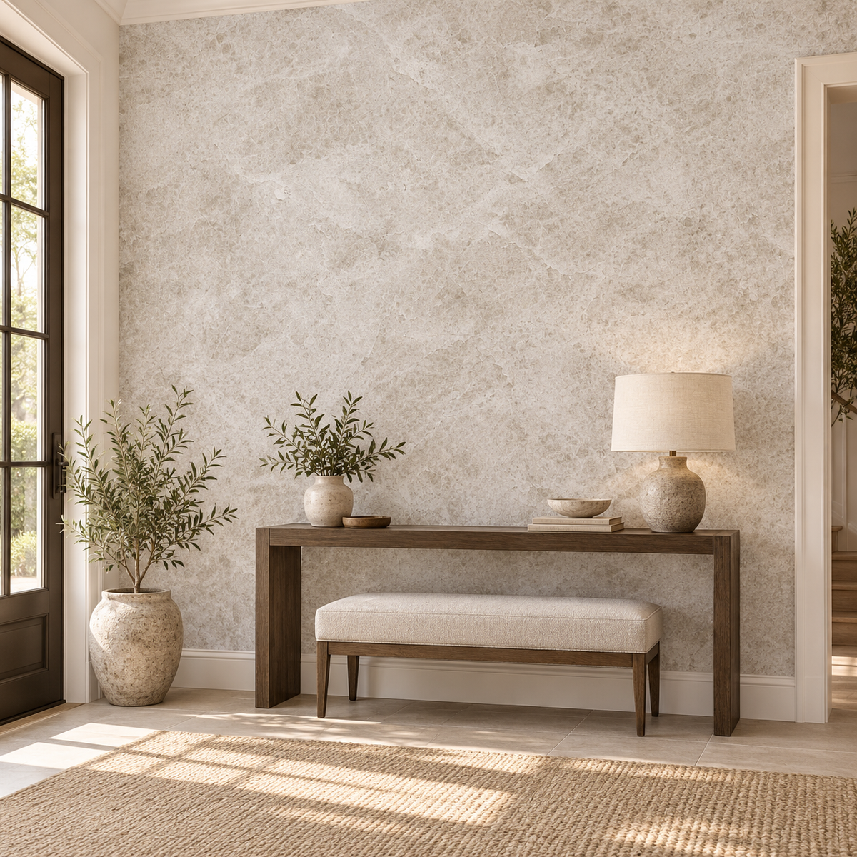 Cream Marble, peel and stick wallpaper styled on a feature wall