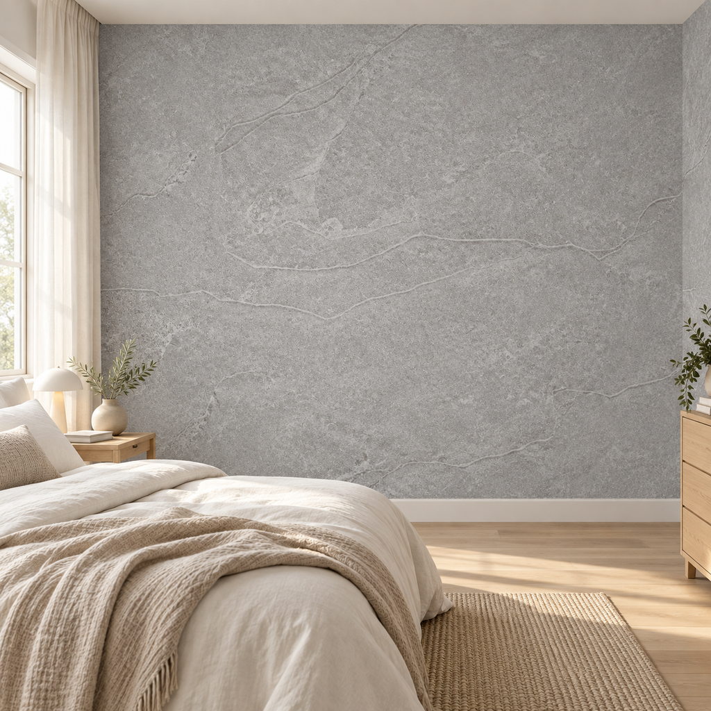 Stone Veil, peel and stick wallpaper styled on a feature wall