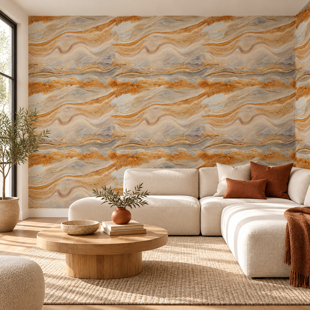 Stone Waves, peel and stick wallpaper styled on a feature wall