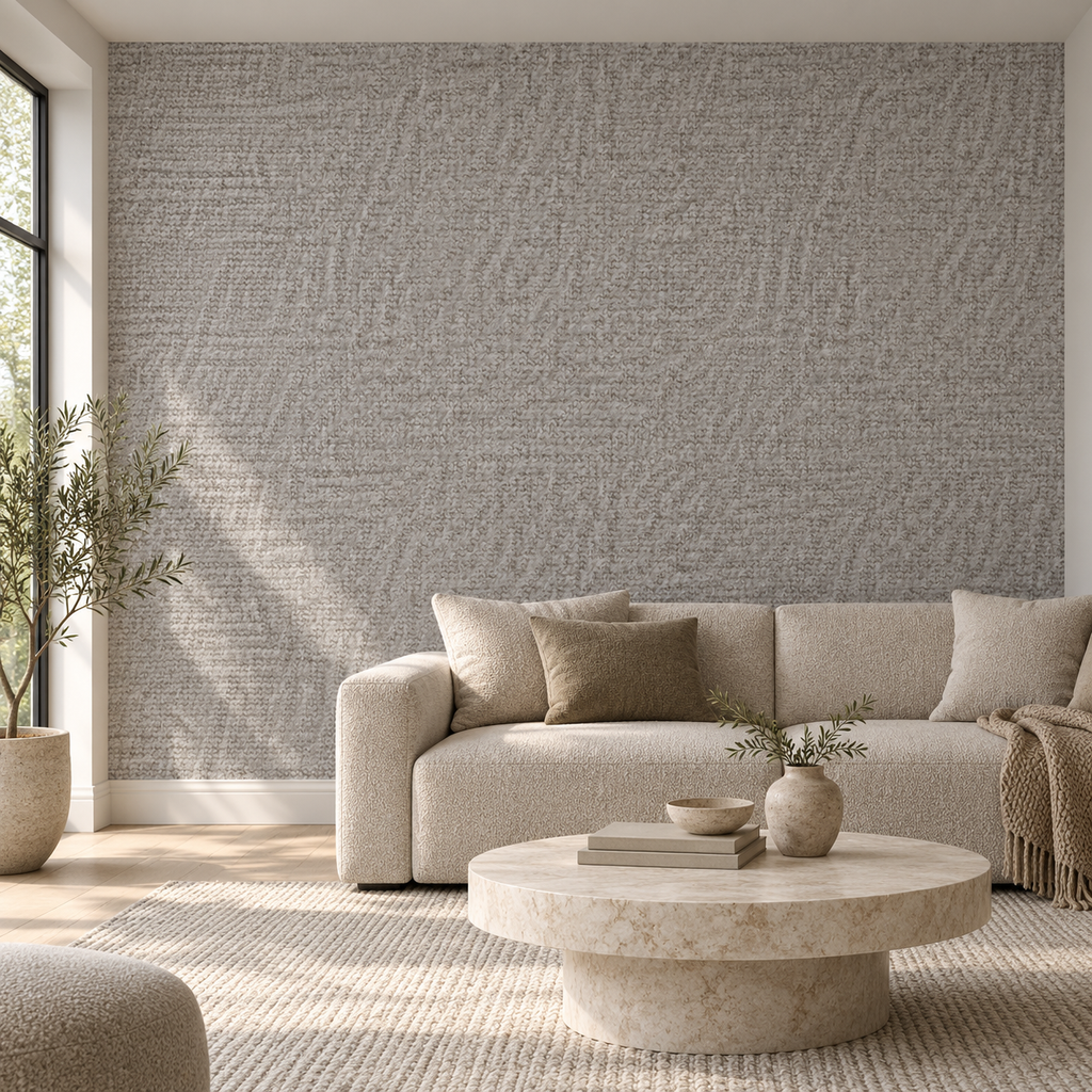 Stone Weave, peel and stick wallpaper styled on a feature wall