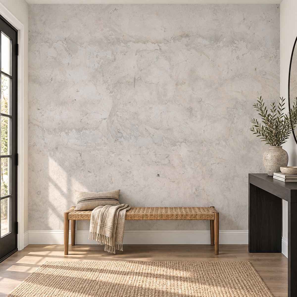 Stone Whisper, peel and stick wallpaper styled on a feature wall