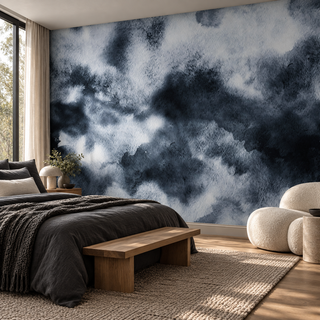 Storm Cloud, peel and stick wallpaper styled on a feature wall