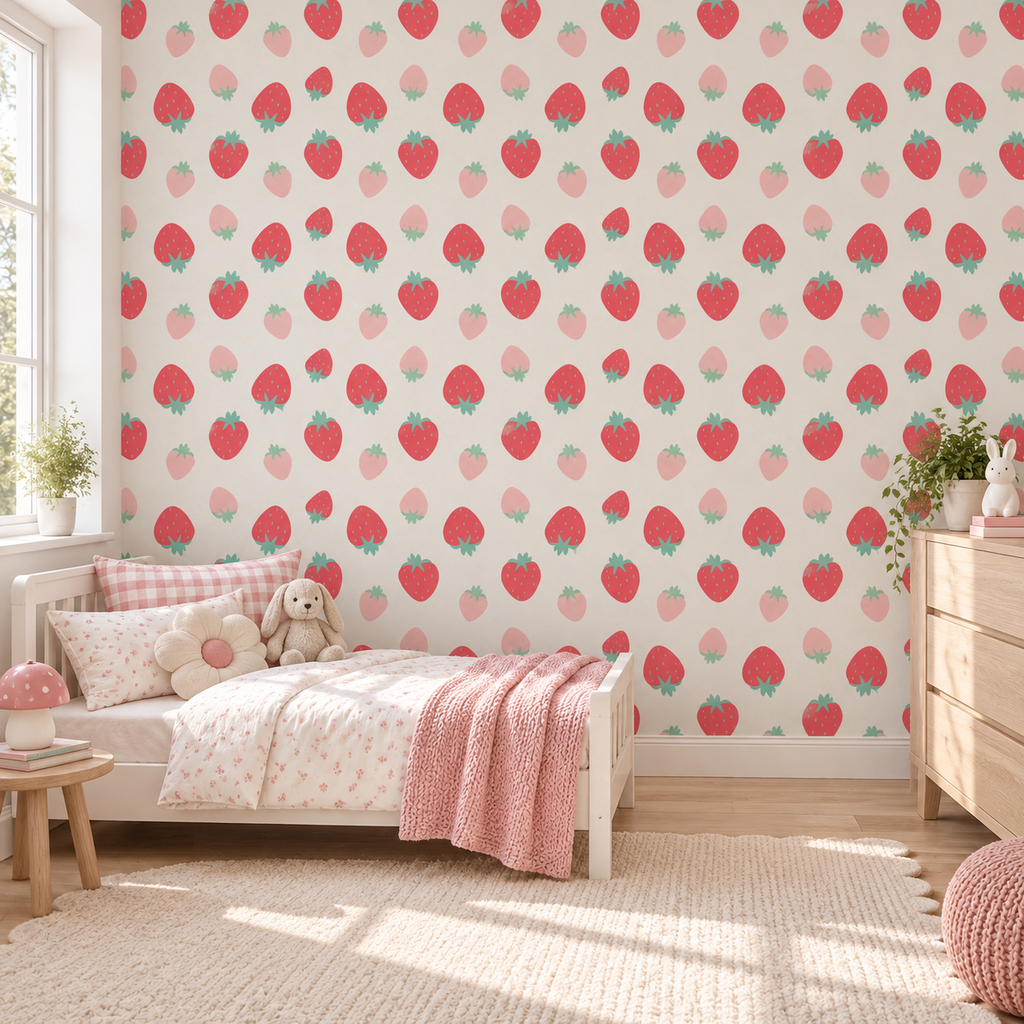Strawberry Blush peel and stick wallpaper styled on a feature wall