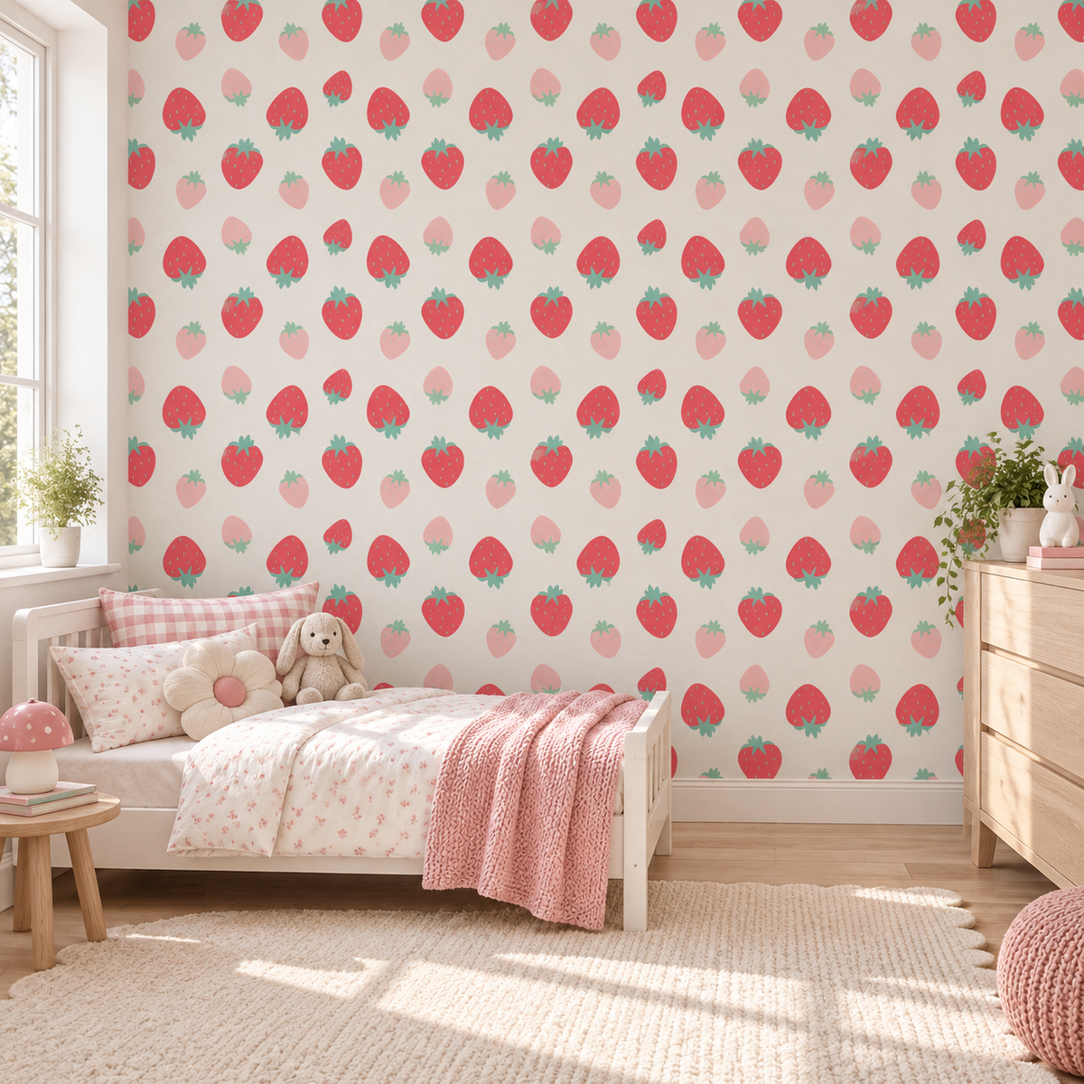 Strawberry Blush peel and stick wallpaper styled on a feature wall