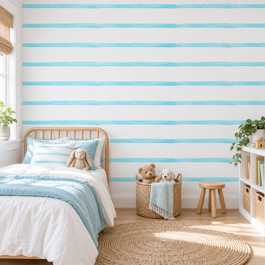 Aqua Lines peel and stick wallpaper styled on a feature wall