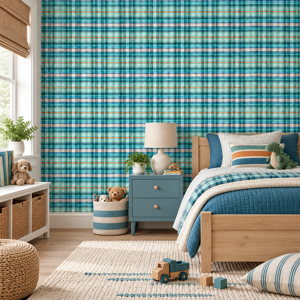 Aqua Tartan peel and stick wallpaper styled on a feature wall
