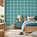 Aqua Tartan peel and stick wallpaper styled on a feature wall