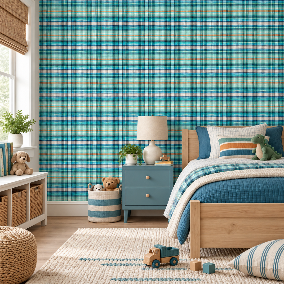 Aqua Tartan peel and stick wallpaper styled on a feature wall