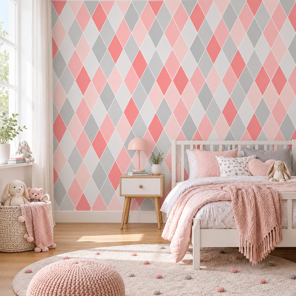 Blush Diamonds peel and stick wallpaper styled on a feature wall